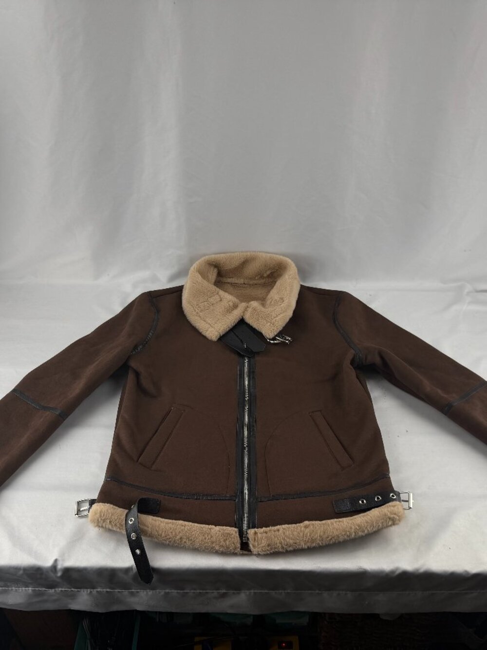Brown Faux Shearling Aviator Jacket Vintage Biker Winter Coat Women Sz S